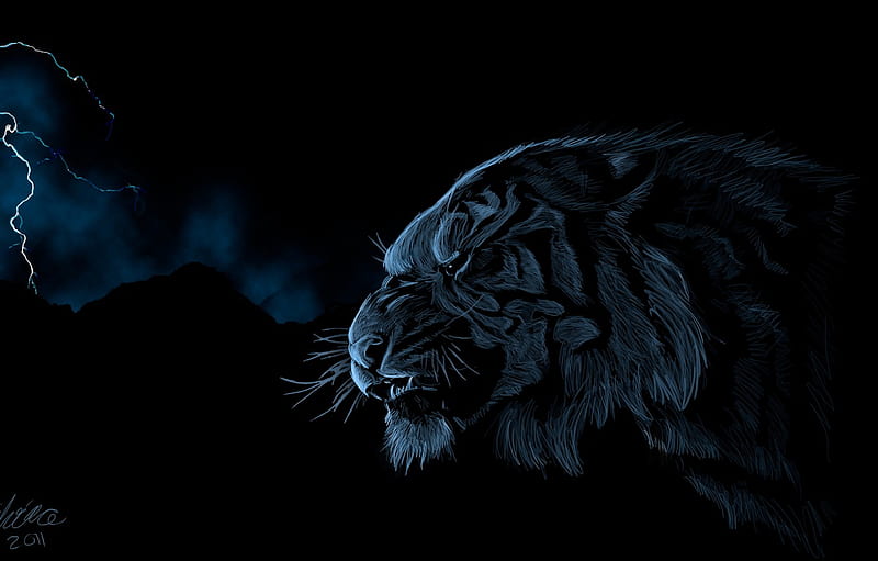 tiger, lightning, predator, head, art for , section Ð¶Ð¸Ð²Ð¾Ð¿Ð¸ÑÑ, Lightning Lion, HD wallpaper